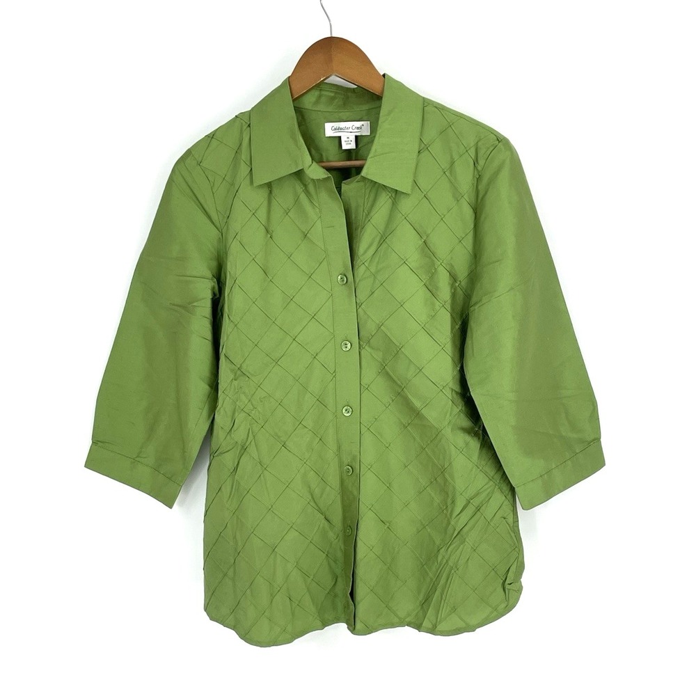 Coldwater Creek Womens M Button Up 100% Silk Blouse‎ Green Quilted Front
